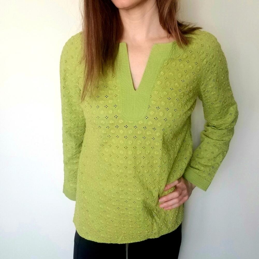 NWOT Charter Club Lime Green Pullover V-neck Eyelet Boho Long Sleeve Blouse Sz 4